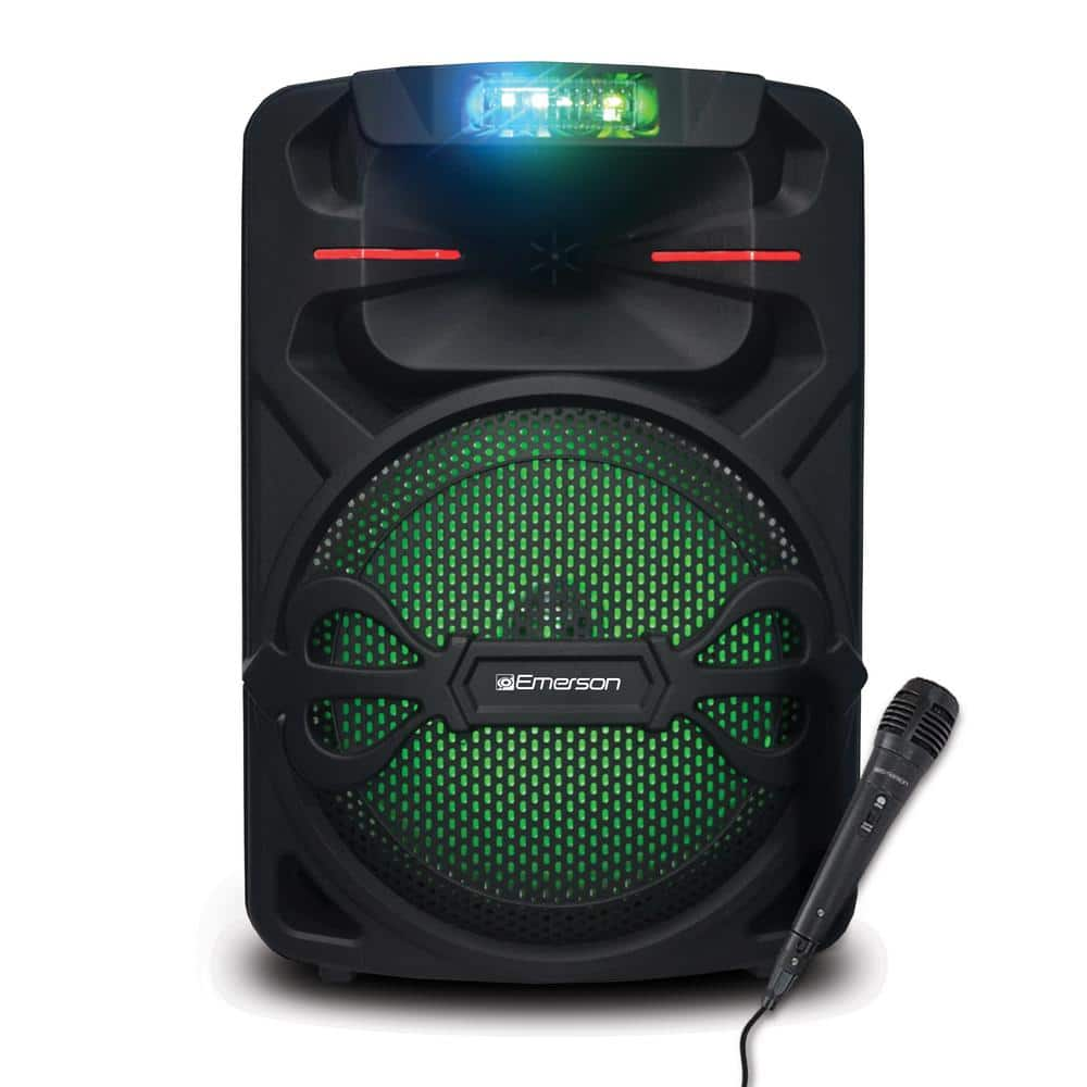 Emerson Portable 12 in. Bluetooth Party Speaker with Disco Lights Microphone Input, FM Radio and Rechargeable Battery (EDS-1200)