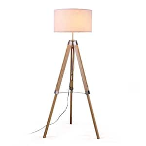 Posh 58 in. Natural Tripod 1-Light Floor Lamp with Solid wood Body and Beige Fabric Drum Shade