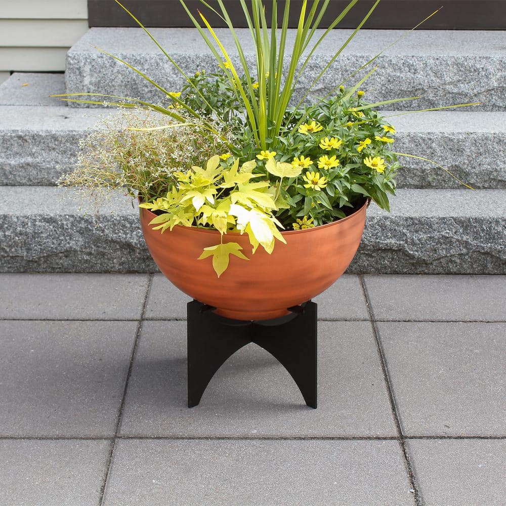 Burnt Sienna Galvanized Steel Planter Bowl with Black Iron Stand