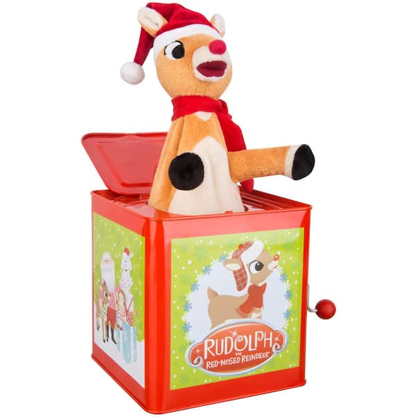10.2 in. Christmas Jack in the Box-Rudolph with Red Santa Hat and Scarf-Rudolph