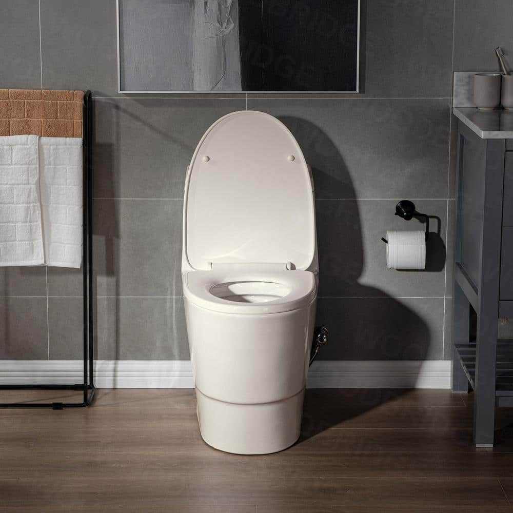 Biscuit Elongated One-Piece Dual Flush Toilet with Chrome Button