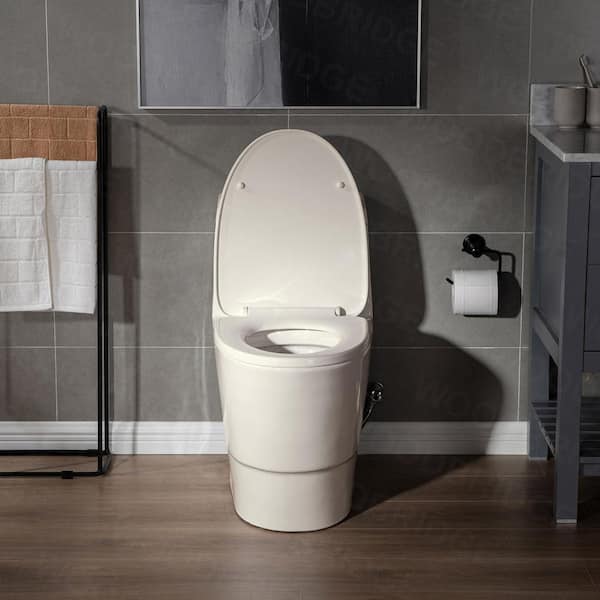Flora 1-Piece 1.1/1.6 GPF Dual Flush Elongated Comfort Height Toilet in Biscuit with Soft Closed, Seat Included