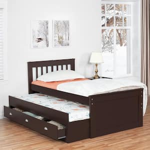 Espresso Twin Size Captain's Bed with Pull Out Trundle and 3-Storage Drawers, Solid Pine Wood Platform Bed
