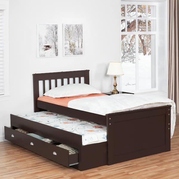 MAYKOOSH Espresso Twin Size Captain's Bed with Pull Out Trundle and 3-Storage Drawers, Solid Pine Wood Platform Bed