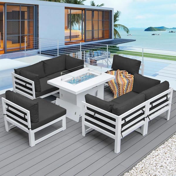 FINCATI White 7-Piece Luxury Aluminum Patio Fire Pit Seating Set, Dark Grey Cushions