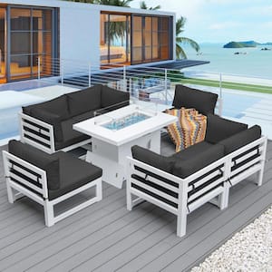 White 7-Piece Luxury Aluminum Patio Fire Pit Seating Set, Dark Grey Cushions