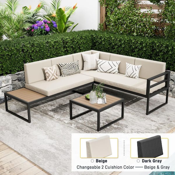 5-Piece Aluminum Patio Conversation Seating Set with Side Table, Coffee Table, Beige Cushions and Sofa Cover