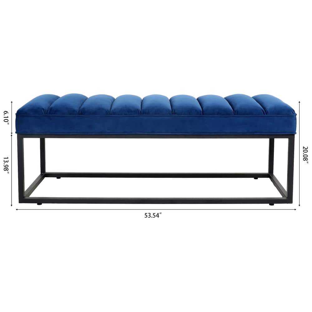 Navy Blue Velvet Upholstered Metal Frame Bedroom Bench