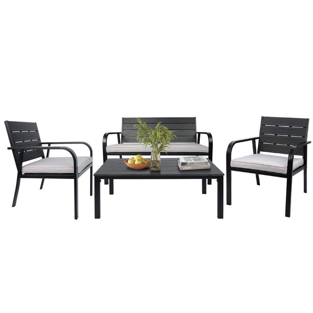 4-Pieces Metal Patio Conversation Set Outdoor Furniture Set with Grey Cushi