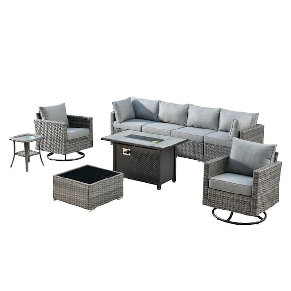 Sanibel Gray 9-Piece Wicker Outdoor Patio Conversation Sofa Sectional Set with a Metal Fire Pit and Dark Gray Cushions