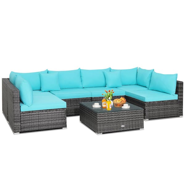 Costway 7-Piece Patio Rattan Furniture Set Sectional Sofa Cushioned Turquoise