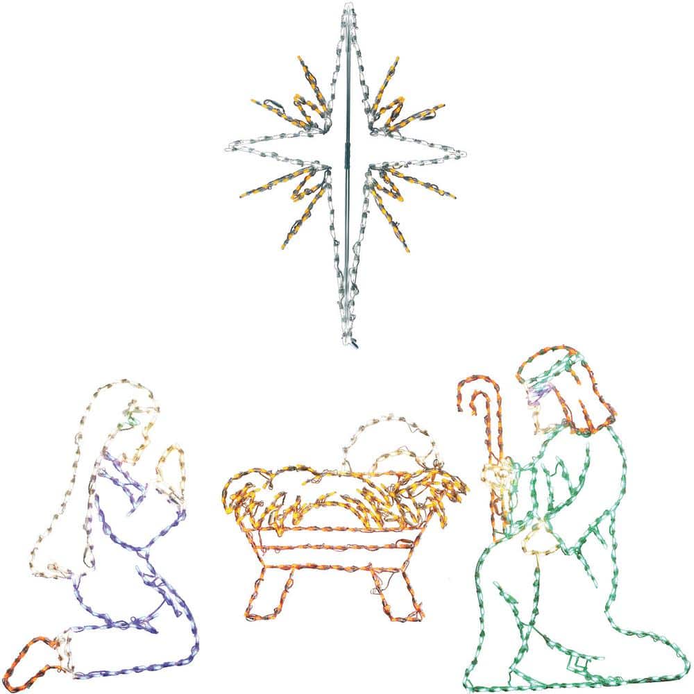 4 ft. 681-Light Multi-Color Nativity Set with Star Novelty Light (4-Piece)