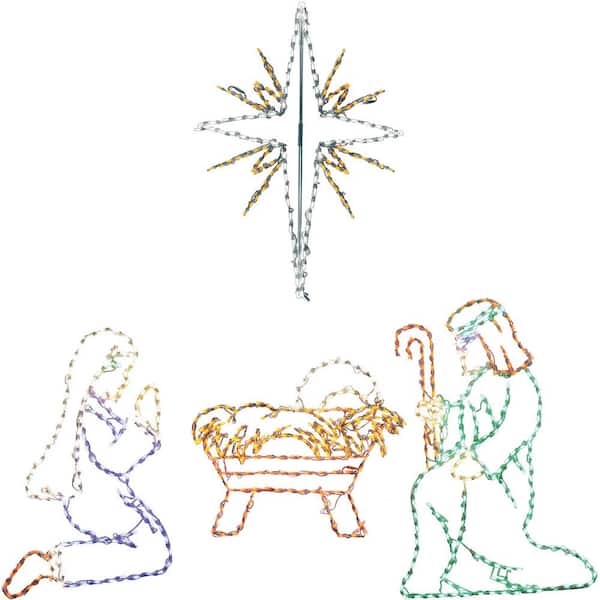 4 ft. 681-Light Multi-Color Nativity Set with Star Novelty Light (4-Piece)