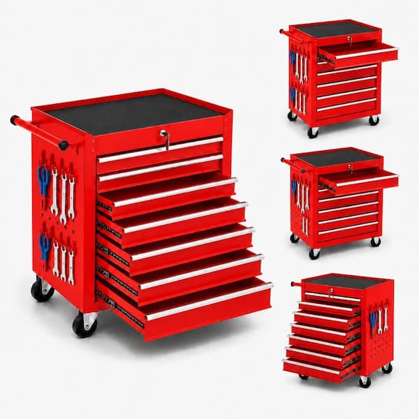 Rolling Tool Chest, 24 Inch Red, 7-Drawer Lockable Cart With Wheels & Drawer Liners For Garage, Repair Shop & Warehouse
