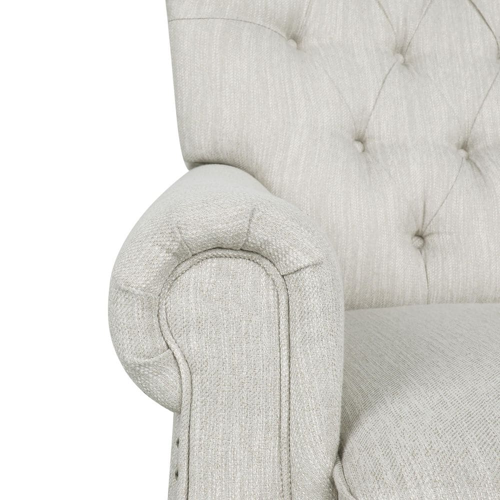 Handcrafted Beige Faux Leather Wood Recliner with Nailhead Trim