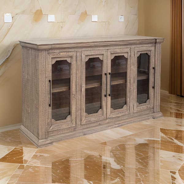 Benjara Tren Brown Wood 71.75 in. Sideboard with Glass Doors and Greek Inspired Design