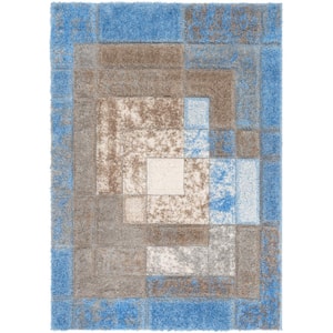 Lolly Kenzo Grey Light Blue 3 ft. 11 in. x 5 ft. 3 in. Retro Geometric Pattern 3D Textured Shag Area Rug