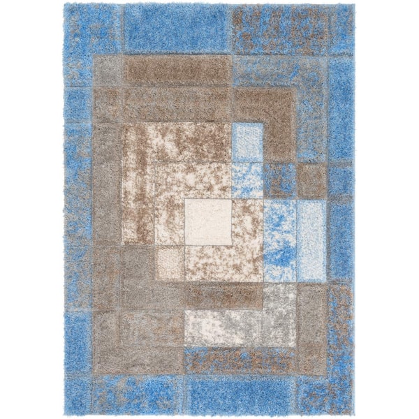 Well Woven Lolly Kenzo Grey Light Blue 9 ft. 3 in. x 12 ft. 6 in. Retro Geometric Pattern 3D Textured Shag Area Rug