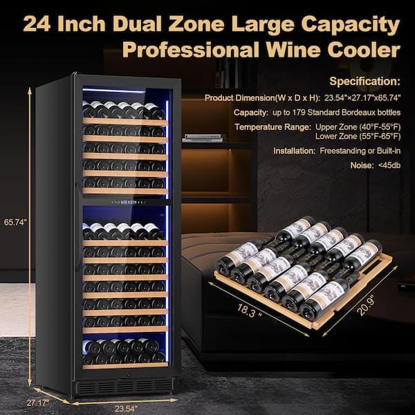 SOZT 23.54 in. Dual Zone Cellar Cooling 154-Bottles Wine Cooler