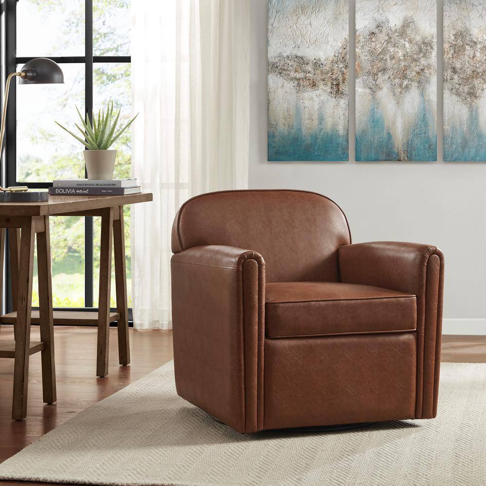 Brown Faux Leather Swivel Accent Chair with Manufactured Wood