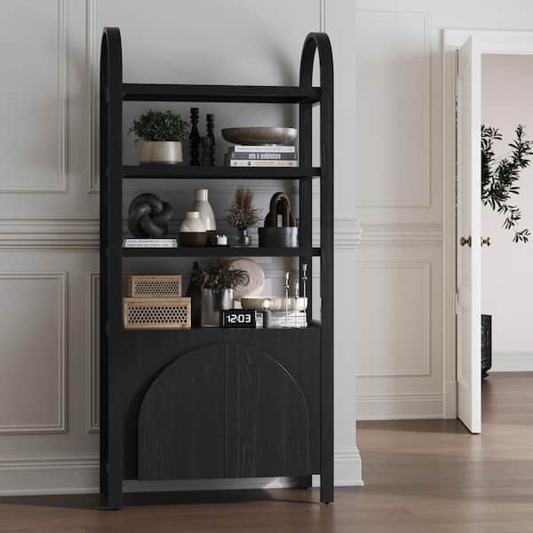 Iris 71 in. Tall Black Oak Solid Wood 3-Shelf Open Bookcase with Cabinet Base and Adjustable Interior Shelf