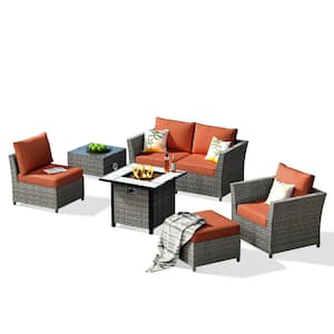 Bexley Gray 7-Piece Wicker Fire Pit Patio Conversation Seating Set with Orange Red Cushions