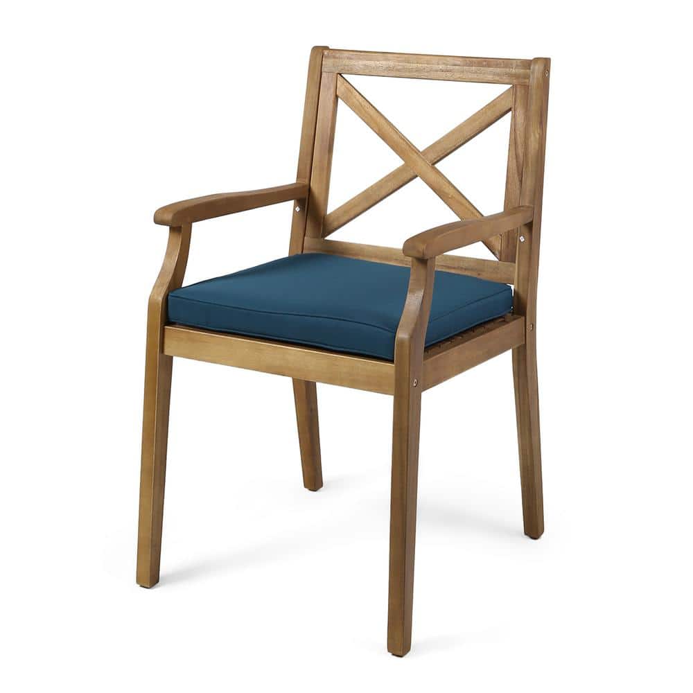 Scandinavian Teak Brown Wood Dining Chair with Blue Cushions, Set of 2