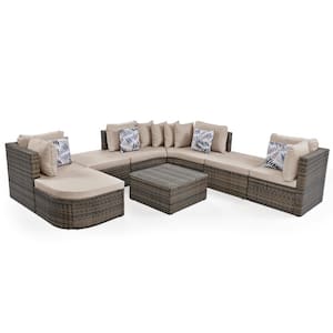 8-Piece Brown Wicker Patio Conversation Set for 7 Person Garden Sofa Set With Beige Cushions and Colorful Pillows
