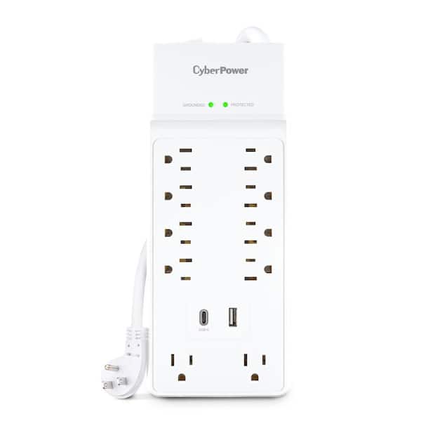 10-Outlet Surge Protector with USB-A and USB-C, 4 ft Cord, 2400Joules, White