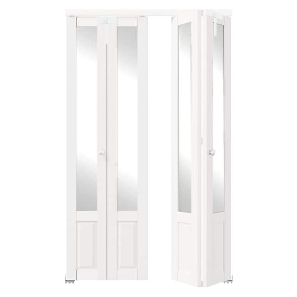 48 in. x 80 in. Half Lite Mirrored Glass Solid Core White PVC Covering MDF Bi-fold Door with Locks and Handles