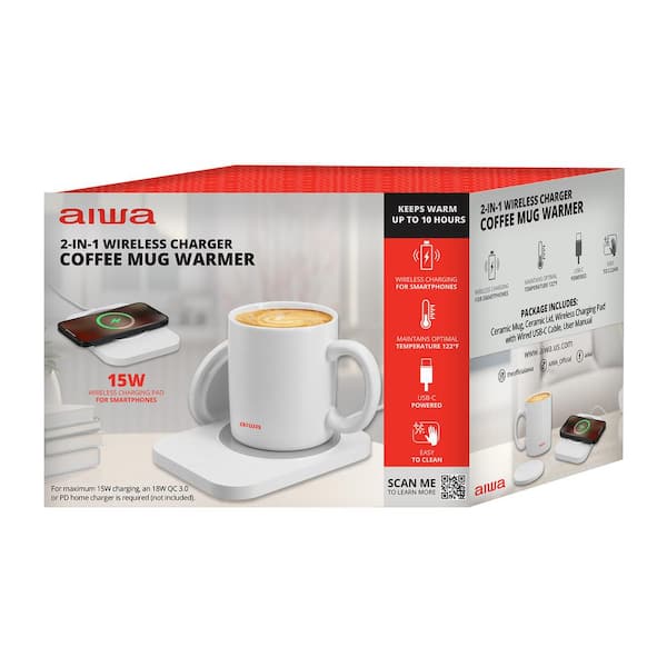 Aiwa 2-in-1 Smart Coffee Mug Warmer and 15W Wireless Phone Charger with Ceramic Mug and Lid, White