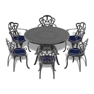 7-Piece Black Metal Outdoor Dining Set with Blue Cushions