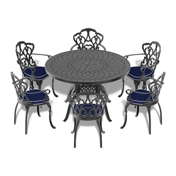 7-Piece Black Metal Outdoor Dining Set with Blue Cushions