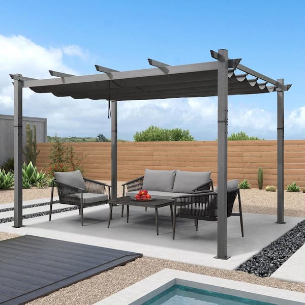 PURPLE LEAF 10 ft. x 13 ft. Gray Wood Grain Aluminum Frame Outdoor Patio Pergola Gazebo with Gray Retractable Sun Shade Canopy