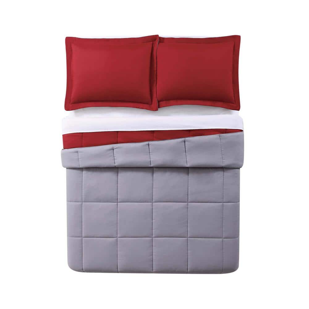 Full Red and Gray Reversible Microfiber Comforter Set