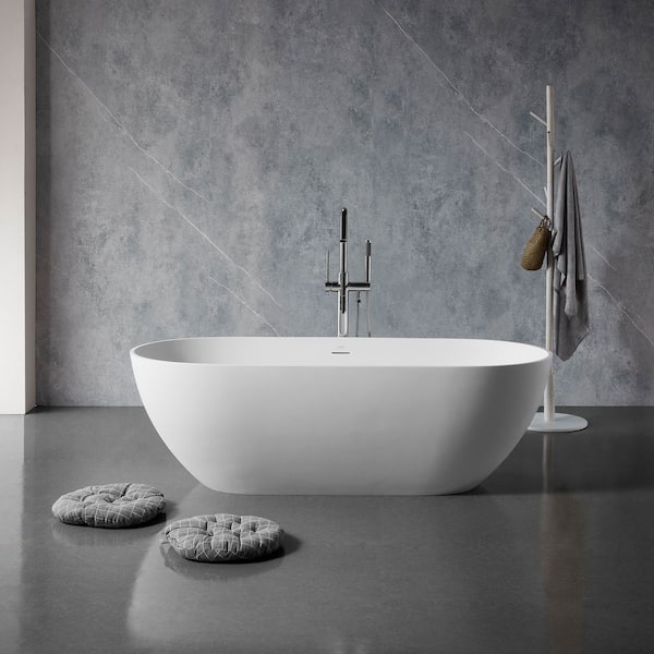 59 in. x 29.52 in. Elegant Soaking Freestanding Solid Surface Resin Stone Oval Bathtub with Center Drain in Matte White
