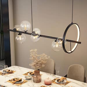 Richeson 7-Light Black Modern Linear Chandelier for Dining Room with Clear Bubble Globe Glass