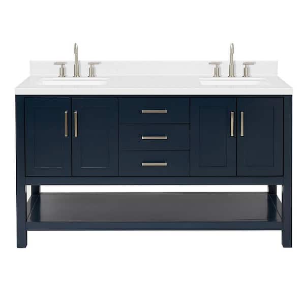 Magnolia 60 in. Double Sink Freestanding Bathroom Vanity in Midnight Blue with Carrara White Quartz Top