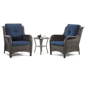 3-Piece Wicker Patio Outdoor Lounge Chair Set with Blue Cushions and Side Table