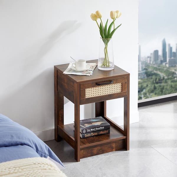 Modern Wood Nightstand with 1 Drawer, Side Table for Living Room, Rustic Brown