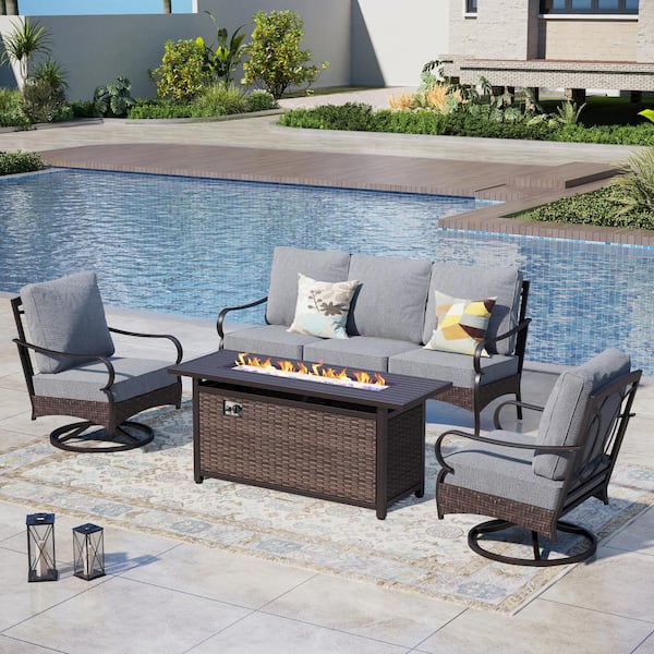 PHI VILLA Rattan 4-Piece 5 Seat Metal Outdoor Patio Conversation Set with Gray Cushions, Swivel Sofas and Fire Pit Table