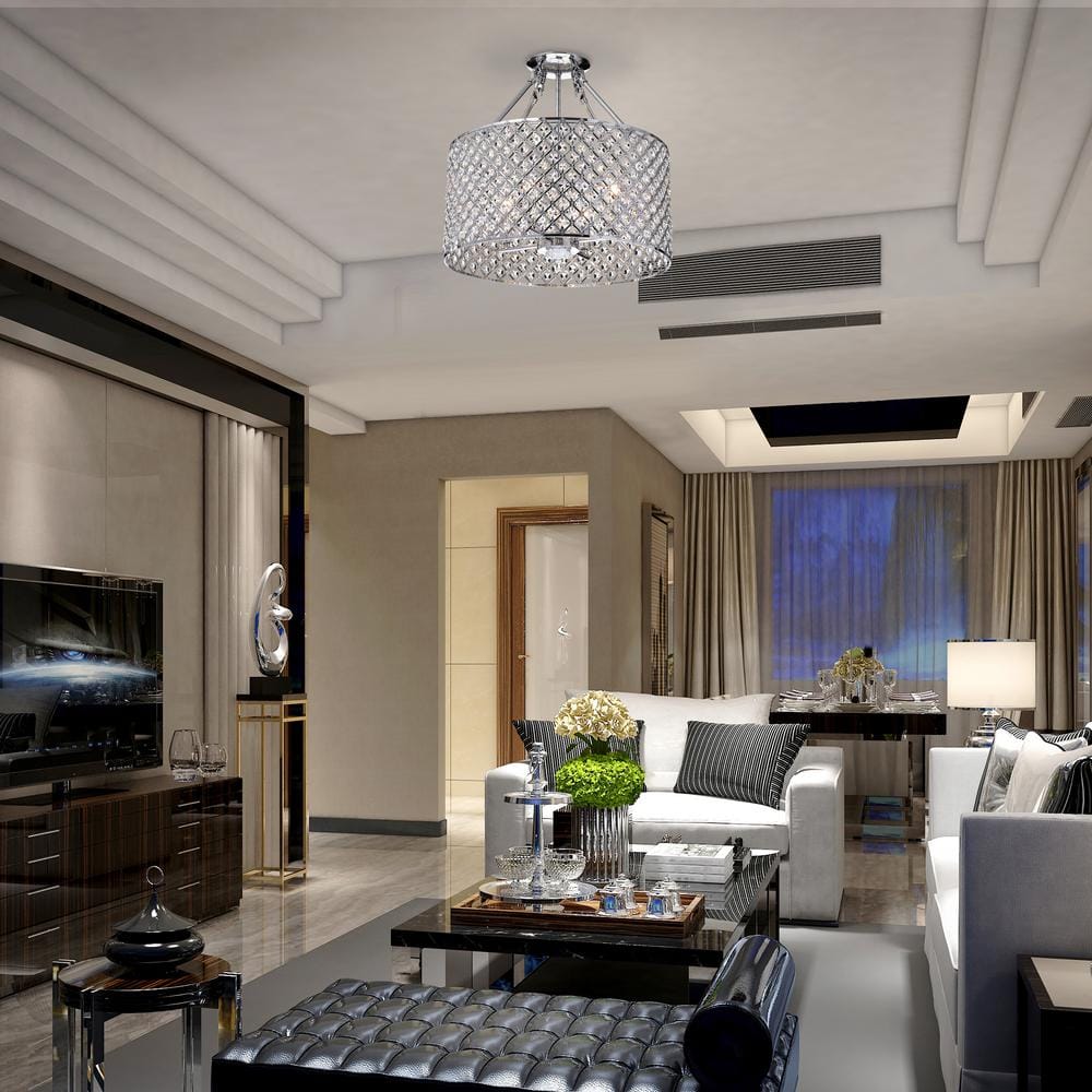 Chrome Crystal Drum Semi-Flush Mount Chandelier, 17-inch