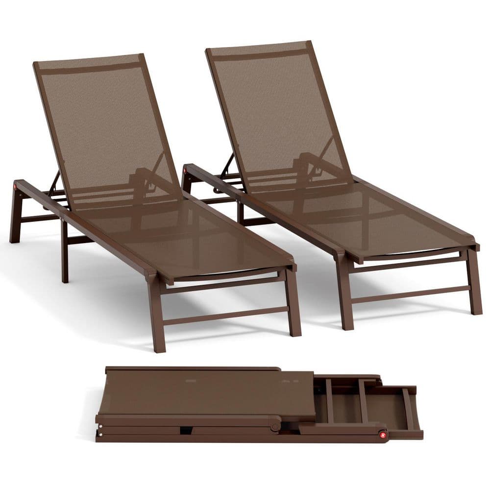 Assemble-Free Aluminum Outdoor Chaise Lounge, Patio Lounger with 5-Position Adjustable Backrest, Brown 2 Pieces price history on PriceWatchPro