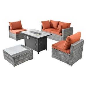Sanibel Gray 6-Piece Wicker Outdoor Patio Conversation Sofa Sectional Set with a Metal Fire Pit and Orange Red Cushions