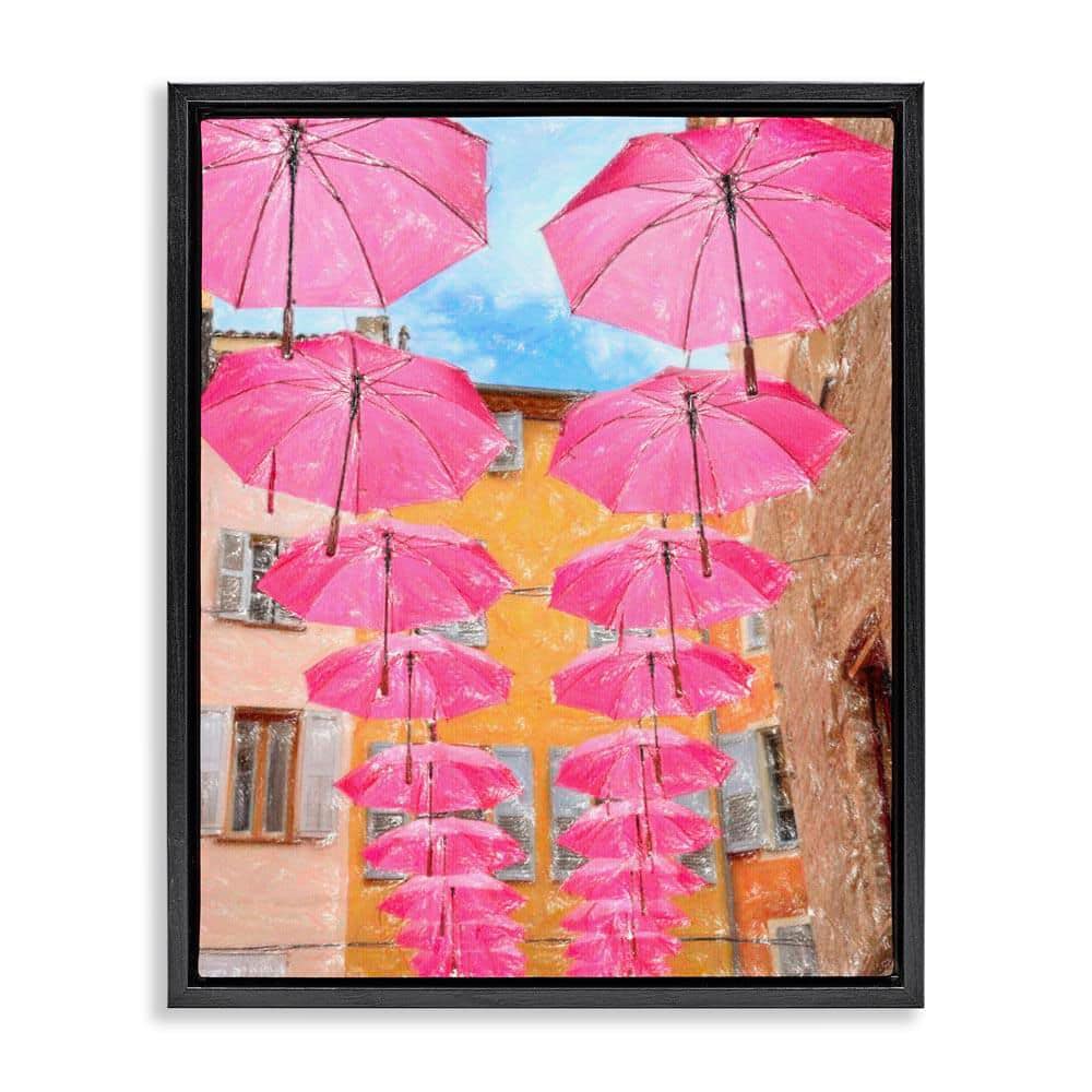 Pink Umbrellas in Town by Graffi Tee Studios Black Floater Frame Architecture Graphic Art Print 31 in. x 25 in. price history on PriceWatchPro