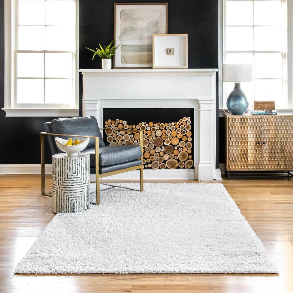 Ivory Rectangular Synthetic Shag Rug 4' x 6'