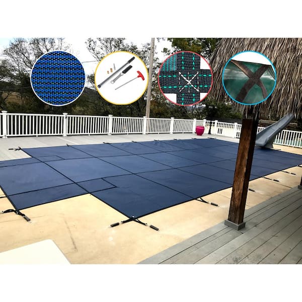 Water Warden 16 ft. x 32 ft. Rectangle Blue Mesh In-Ground Safety Pool Cover with Center End Step, ASTM F1346 Certified