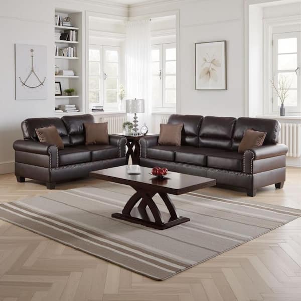 82 in. Round Arm Faux Leather Rectangle Sofa and Loveseat Set in Espresso Brown