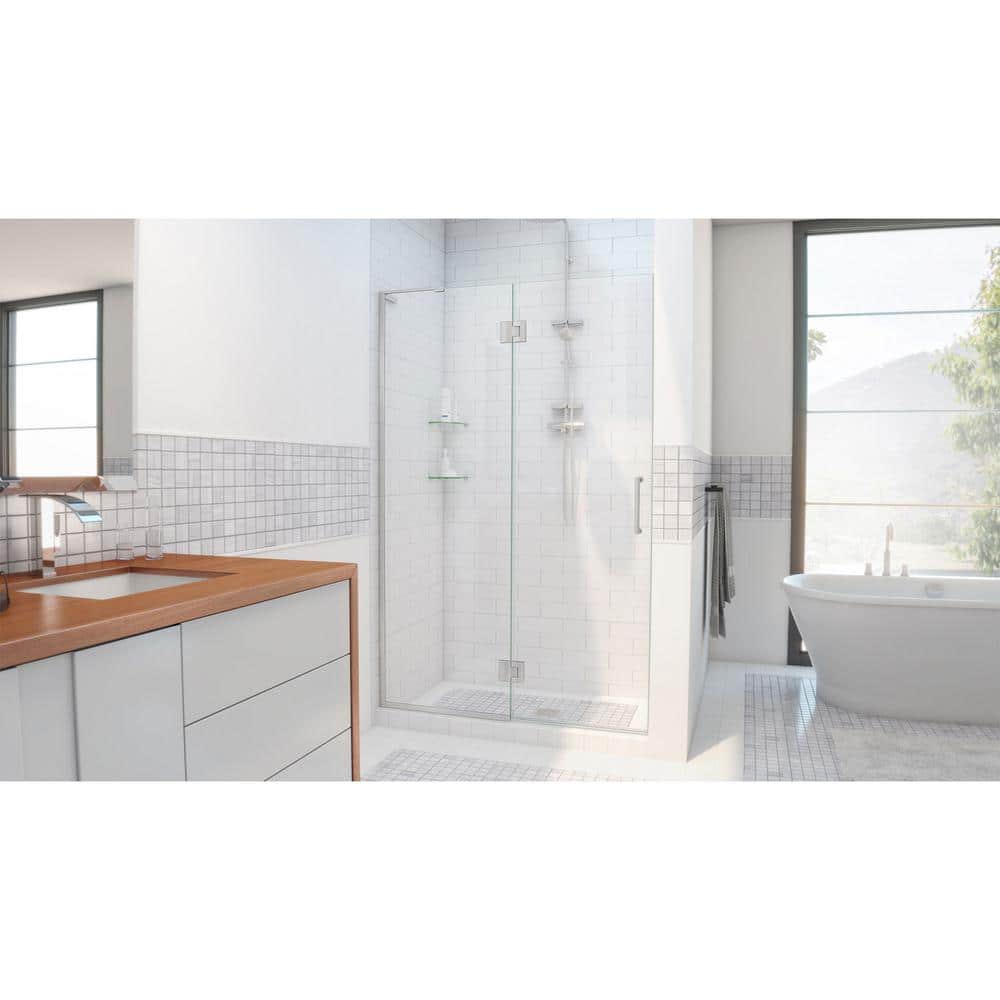 Unidoor-X 36" Frameless Clear Glass Hinged Shower Door with Distressed Bronze Hardware