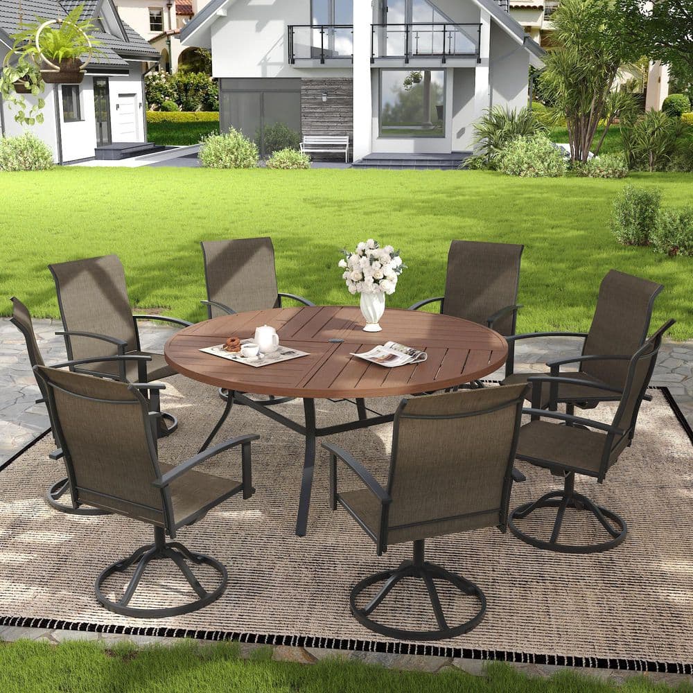 9-Piece Metal Outdoor Dining Set with 63 in. Walnut Round Dining Table and 8 Brown Textilene Swivel Patio Chairs price history on PriceWatchPro